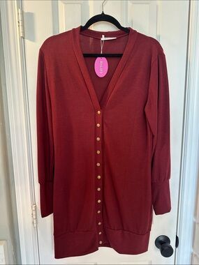Halife Burgundy wine V-Neck Long Cardigan with Gold snap Buttons 🆕